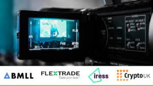 Image of a camera, with client logos: Flextrade, Iress, CryptoUK and BMLL